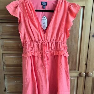 NWT Scoop Coral V-Neck Dress with Ruffle Sleeves